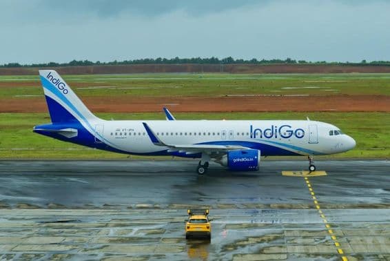An IndiGo Airlines Airbus A320 aircraft taxiing at Goa International Airport.