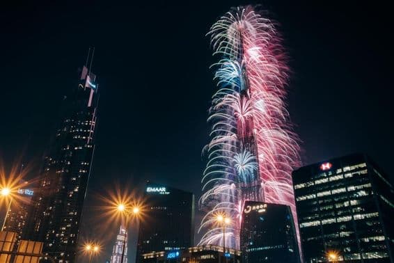 Spectacular New Year’s Eve Fireworks at Burj Khalifa, the world’s tallest building.