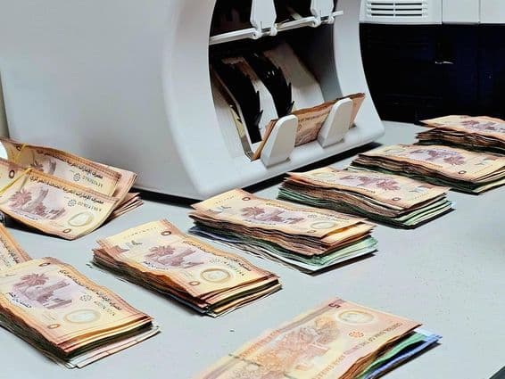 Money counting machine with neatly arranged bundles of Emirati dirham banknotes on a desk.