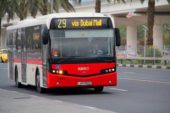 Dubai bus traveling from Zabeel station towards Dubai Mall.