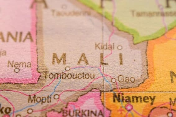 Mali on a colorful geographical political world map.