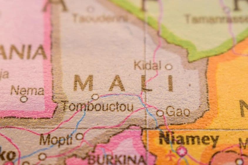 Mali on a colorful geographical political world map.