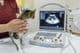 A kitten sitting in front of an ultrasound machine at a modern veterinary clinic.
