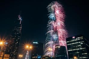 Spectacular New Year's fireworks at the Burj Khalifa, the tallest building in the world.