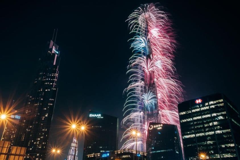 Spectacular New Year's fireworks at the Burj Khalifa, the tallest building in the world.