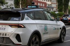 Self-driving electric robotaxi by Chinese tech company Baidu.
