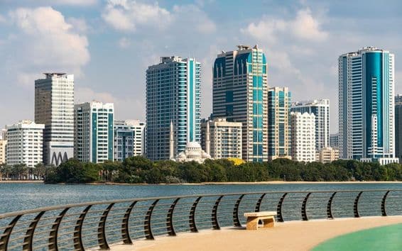 Skyline of Sharjah city in the United Arab Emirates.
