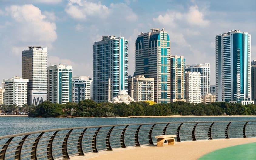 Skyline of Sharjah city in the United Arab Emirates.