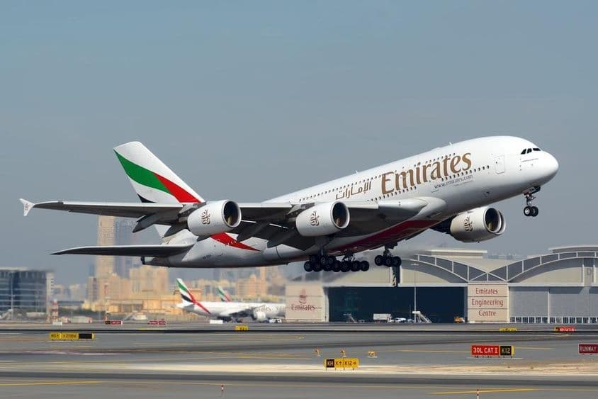 The Emirates Airlines Airbus A380 commercial aircraft.