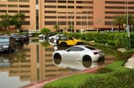 Cars in a rain-soaked parking lot in Dubai.