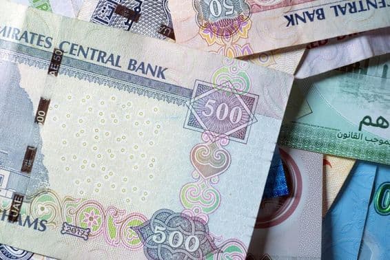 AED, banknote and coin, United Arab Emirates.