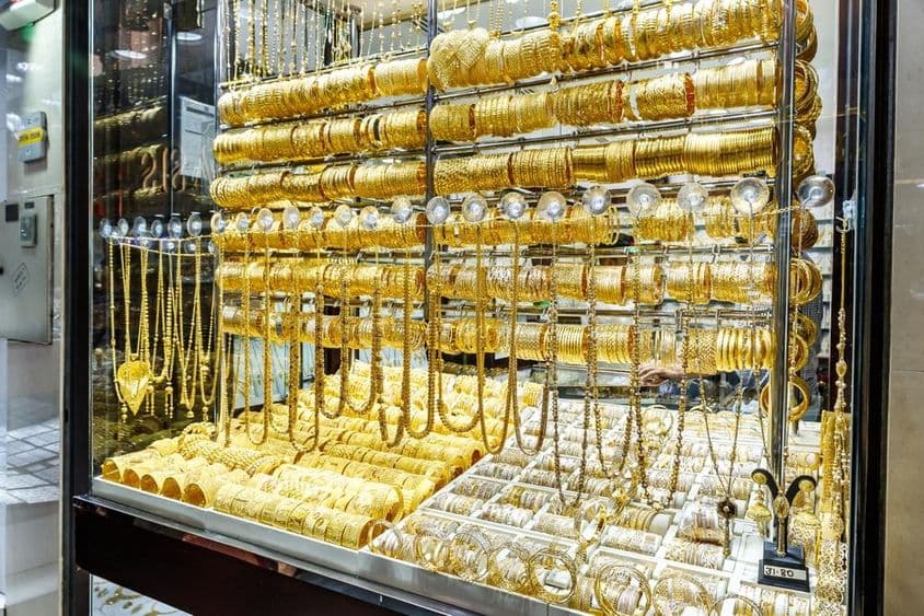 Showcase of a gold shop at the Gold Market in Dubai city.