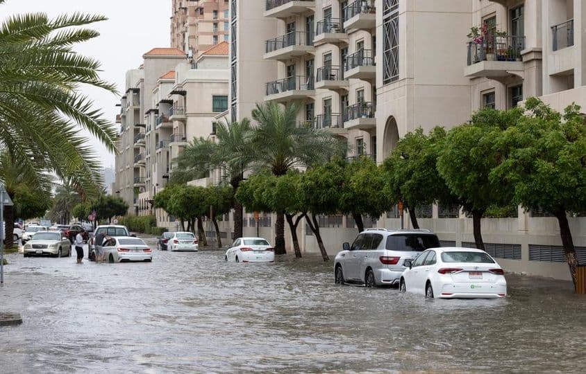 Streets of a residential community in Dubai during a heavy rainfall.