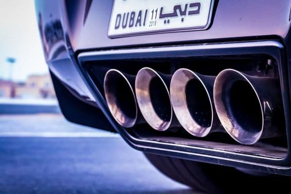Exhaust pipes of a sports car in Dubai.