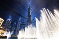 Burj Khalifa illuminated fountain show in Dubai.