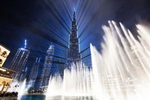 Burj Khalifa illuminated fountain show in Dubai.