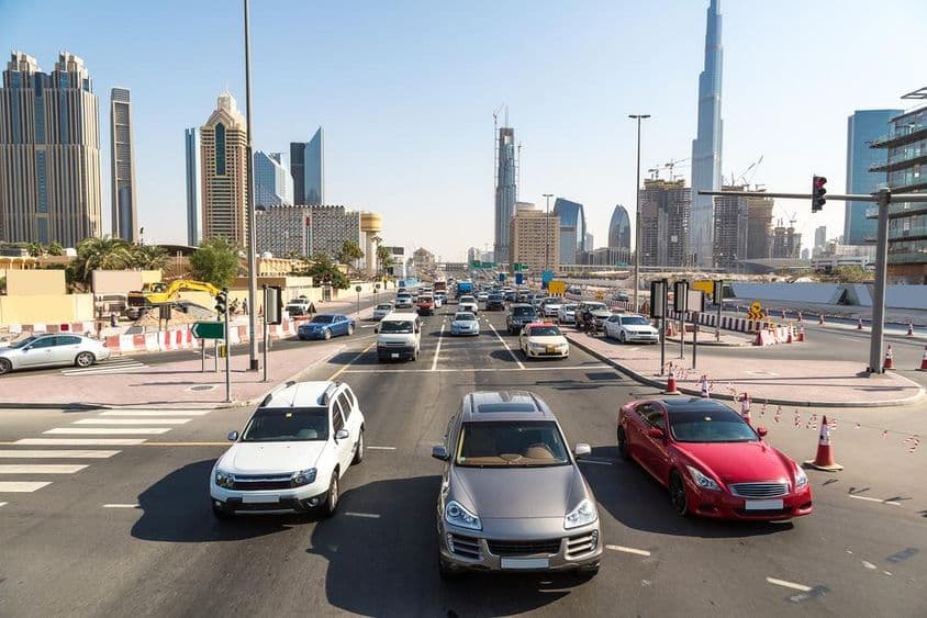 Sheikh Zayed Road in Dubai on a summer day.