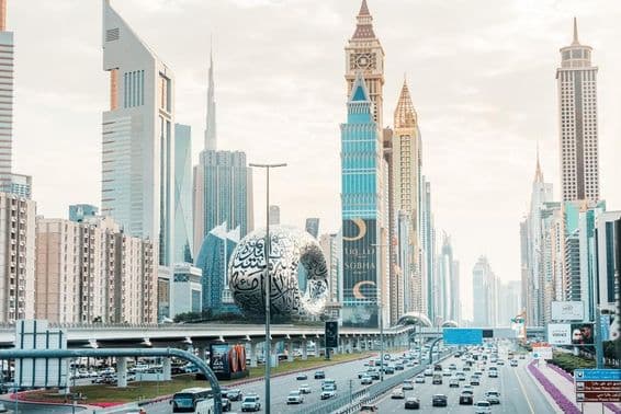The towering skyscrapers and modern architecture of the Museum of the Future line the Sheikh Zayed Road.
