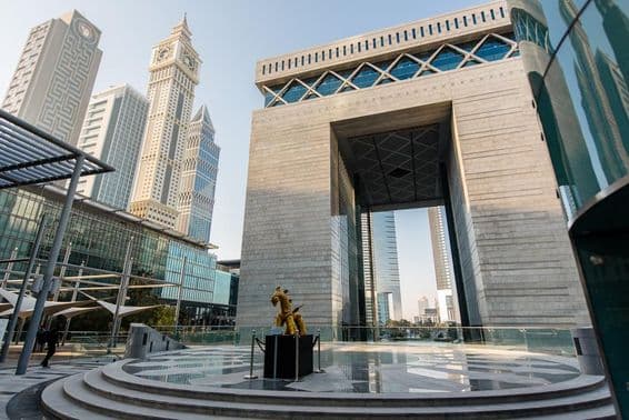 The main gate of DIFC (Dubai International Financial Centre).