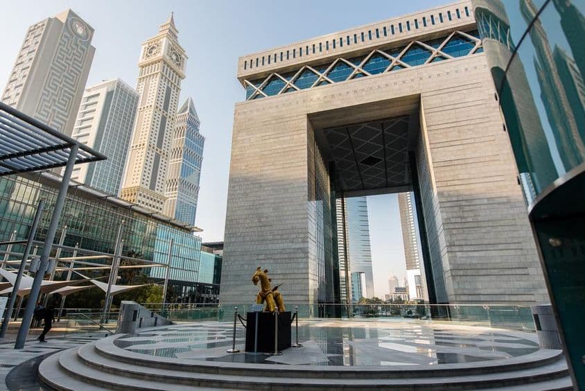 The main gate of DIFC (Dubai International Financial Centre).