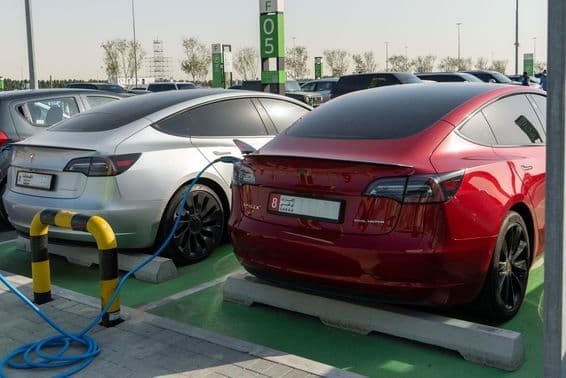 Dubai, United Arab Emirates, Tesla charging station for electric vehicles.