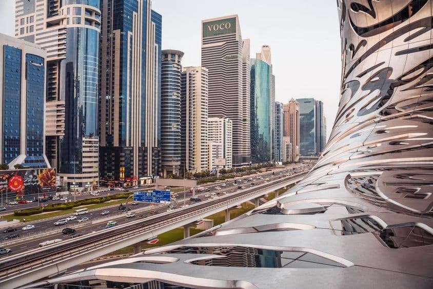 Cityscape of Dubai showcasing the Museum of the Future and Sheikh Zayed Avenue.