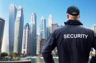 Male security guard watching city skyline from behind.
