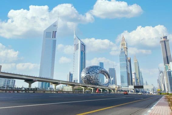 Museum of the Future in Dubai from Sheikh Zayed Road.
