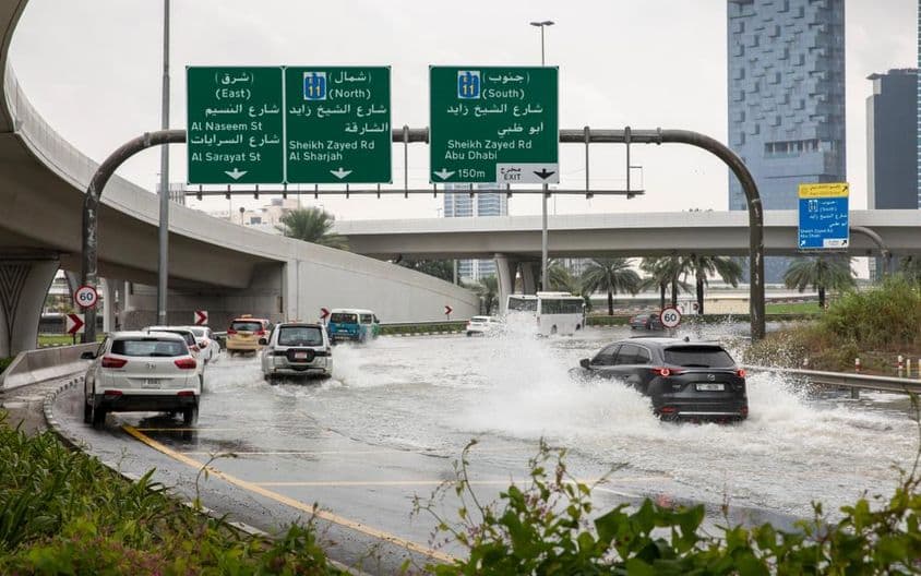 On the highway in Dubai after heavy rain.