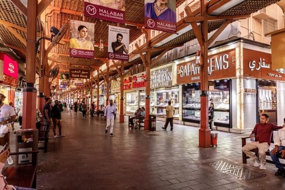 Street of gold shops in Gold Market, Dubai city.