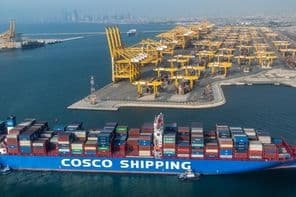Cosco Shipping Lines container ship from China at Dubai's Jebel Ali port.