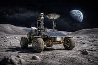 A moon rover with Earth in the background.