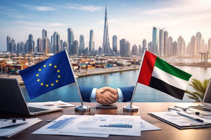 EU-UAE handshake at Dubai port: start of a new trade era.