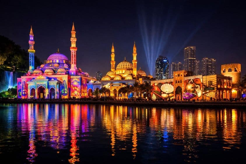 Buildings of Sharjah bathed in light.