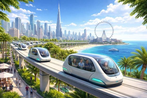 Glydways capsules on the Dubai beachfront.