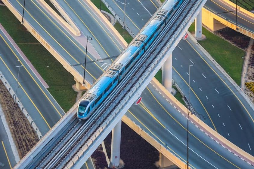 Dubai metro line with Sheikh Zayed road from above.