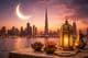 Ramadan sunset behind Dubai skyline.