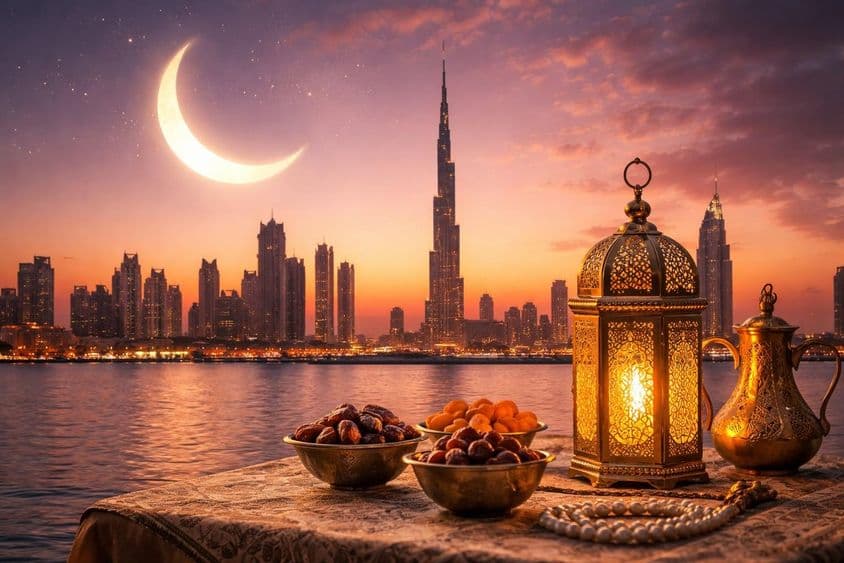 Ramadan sunset behind Dubai skyline.