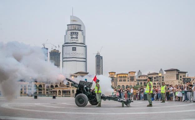 Cannon firing at sunset during the month of Ramadan.