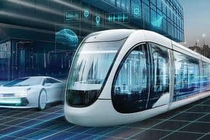 Electric rail-free tram in downtown Dubai