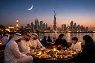 Ramadan evening Iftar with Dubai skyline.