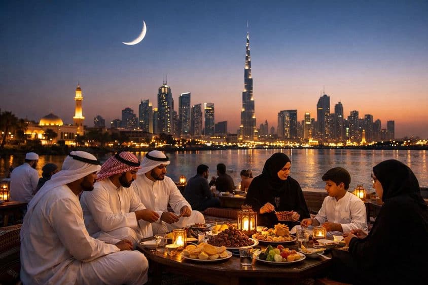 Ramadan evening Iftar with Dubai skyline.