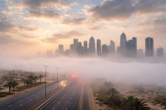 Fog-covered Dubai at dawn