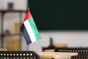 The flag of the United Arab Emirates on a desk in the classroom