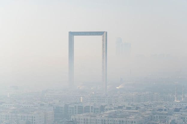 Stunning panorama of the world's largest gold frame in Dubai.