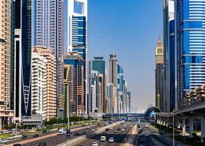Dubai, skyscrapers in downtown and Sheikh Zayed Road.