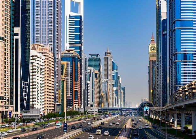 Dubai, skyscrapers in downtown and Sheikh Zayed Road.