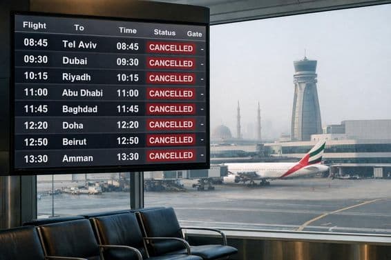 Cancelled flights on a board.
