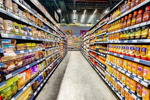 Dubai, food on supermarket shelves in rows