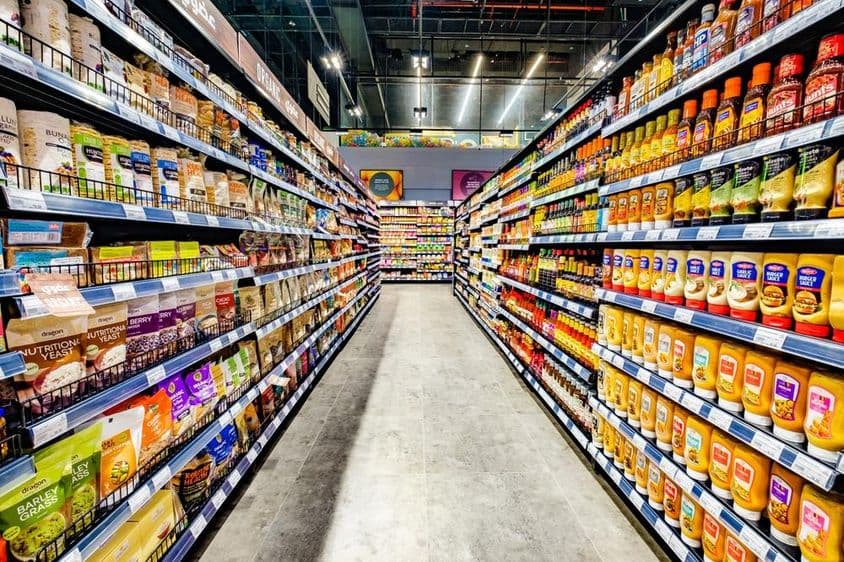 Dubai, food on supermarket shelves in rows